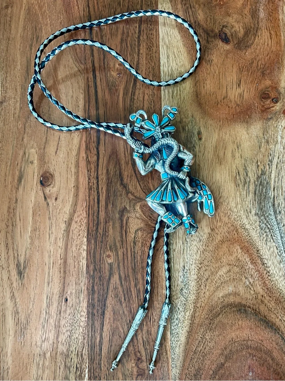 Vintage Southwestern bolo tie silver-toned Kachina dancer with snake